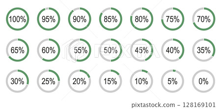 Percentage infographics elements. Green, grey color fill pie charts indicator template. Round diagrams icons for infographics from 0 to 100 percent collection. Set of circle graph loading progress. Percentage infographics elements. Green, grey color fill pie charts indicator template. Round diagrams icons for infographics from 0 to 100 percent collection. Set of circle graph loading progress. 128169101