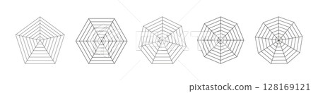 Radar, spider diagram templates. Black spider mesh patterns. Polygon graphs. Set of blank radar charts for statistic, analytic. Coaching tool. Grid with segments. Radar, spider diagram templates. Black spider mesh patterns. Polygon graphs. Set of blank radar charts for statistic, analytic. Coaching tool. Grid with segments. 128169121