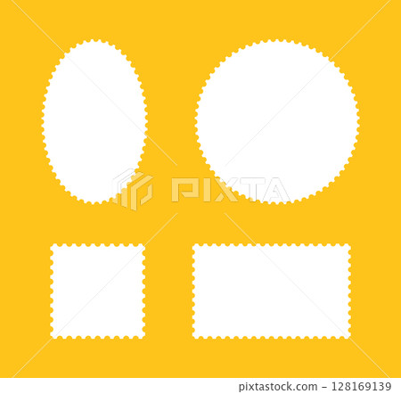 Postage stamp frames collection. Empty borders, backdrops for postcards, letters. Blank circle, rectangular vintage stamps icon. Tags, labels, coupons, boxes with curvy, wiggly, wavy perforated edges. 128169139
