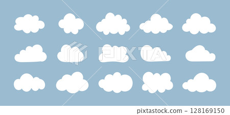 Clouds in blue sky. White puffy, fluffy, cumulus clouds on blue background. Cloudy shapes. Weather elements template. Objects cloudscape. 128169150