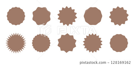 Circle sticker set. Wavy edge promo Mocha Mousse color badges. Star burst shape tags for price. Blank sale stickers. Flat vintage labels. Simple silhouette. Graphic illustration. Circle sticker set. Wavy edge promo Mocha Mousse color badges. Star burst shape tags for price. Blank sale stickers. Flat vintage labels. Simple silhouette. Graphic illustration. 128169162