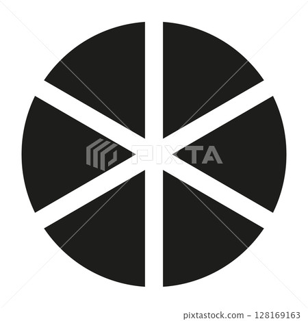 Circle division on a six equal parts simple icon. Wheel divided flat diagram with 6 segments. Infographic black round element. Coaching blank pattern. Circle division on a six equal parts simple icon. Wheel divided flat diagram with 6 segments. Infographic black round element. Coaching blank pattern. 128169163
