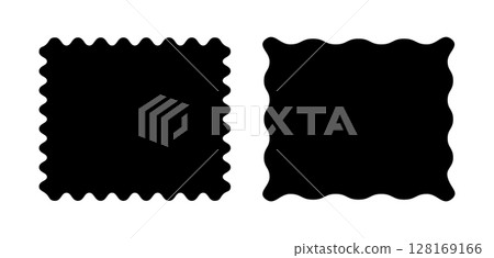 Square black patterns with squiggly borders. Wave curve edge frames. Set of simple tags, empty text boxes, labels, stamps, crackers, coupons with curvy, squiggly, wiggly, wavy edges. Square black patterns with squiggly borders. Wave curve edge frames. Set of simple tags, empty text boxes, labels, stamps, crackers, coupons with curvy, squiggly, wiggly, wavy edges. 128169166