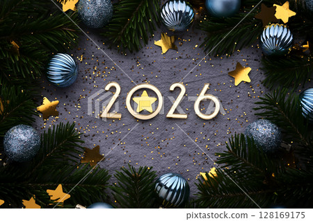 New Year 2026 blue background. Number of the coming year in Christmas decoration. 128169175
