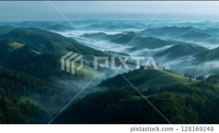 Misty Green Hills at Dawn 128169248