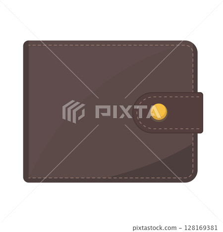 Brown Leather Wallet with Button Strap Vector Illustration. This is a clean and minimalistic flat vector illustration of a closed brown leather wallet. 128169381