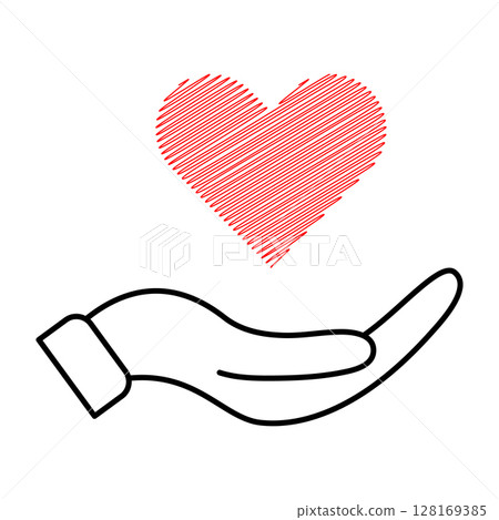 Hand Holding a Scribble Heart Vector Illustration. A clean, minimalist vector illustration showing an open black hand gently supporting a bright red scribble heart above it. 128169385