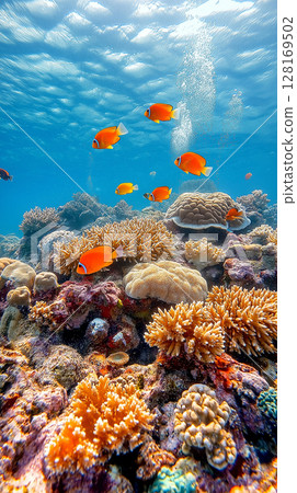 Vibrant coral reef with colorful fish swimming gracefully 128169502