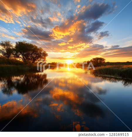 Stunning sunset over tranquil river with vibrant reflections 128169515