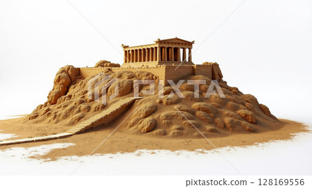 Intricate sand drawing represents the Acropolis of Athens, highlighting the stunning details of ancient Greek architecture. Created on a sunny beach, it demonstrates skillful artistry and creativity. 128169556