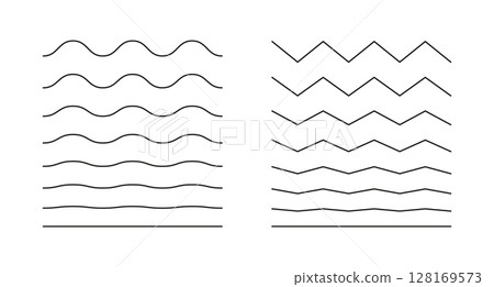 Wavy, curvy, zigzag minimalist lines. Undulate borders, transverse horizontal line. Sine, fluid, air, wind signs. Water, river, lake, sea, ocean simple symbol. Outline thin graphic illustration. 128169573