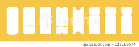 Empty train ticket templates. Admit one tickets. Ticket pattern for cinema, circus, theatre festival, casino, club. Boarding blanks, lottery, sale minimalist coupons. Blanks flat backdrops. 128169574