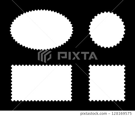 Set of postage stamp frames. Empty borders, backgrounds for postcards, letters. Tags, labels, coupons, boxes with curvy, wiggly, wavy perforated edges. Blank circle, rectangular vintage stamps. Set of postage stamp frames. Empty borders, backgrounds for postcards, letters. Tags, labels, coupons, boxes with curvy, wiggly, wavy perforated edges. Blank circle, rectangular vintage stamps. 128169575