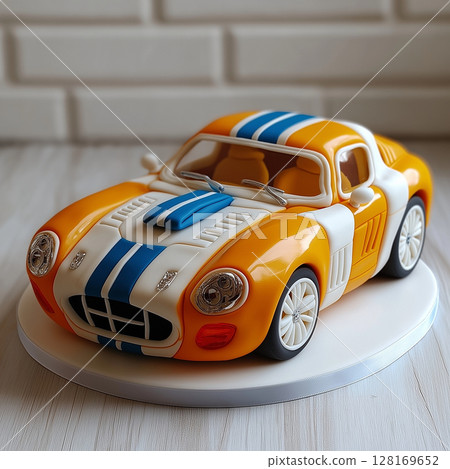 vibrant orange and white sports car model with stripes 128169652