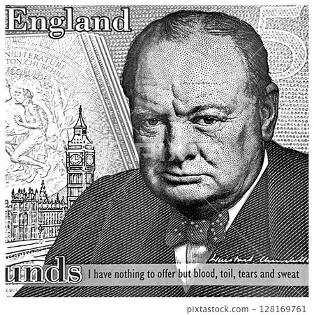 Winston Churchill portrait 5 pounds sterling Bank of England. Winston Churchill portrait 5 pounds sterling Bank of England. 128169761