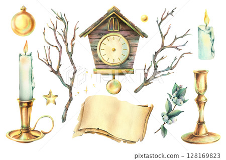 Watercolor clipart collection with candles, scroll, cuckoo clock, pine branches. Hand-painted vintage set for winter stationery and festive decor. New Year, Christmas Illustration Watercolor clipart collection with candles, scroll, cuckoo clock, pine branches. Hand-painted vintage set for winter stationery and festive decor. New Year, Christmas Illustration 128169823