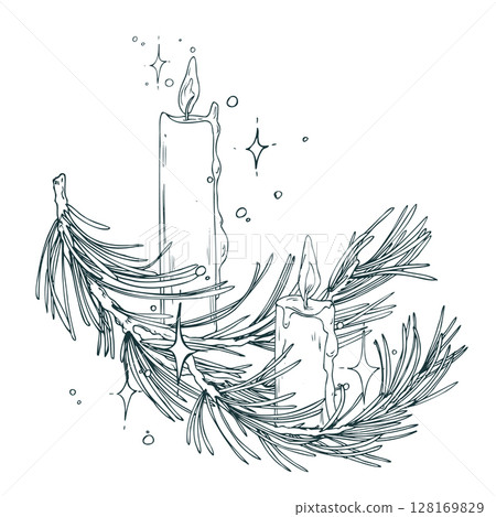 Minimalist holiday arrangement with a candles and pine branch. Hand drawn line art in black ink. Suitable for Christmas cards, logos, and elegant winter projects. 128169829
