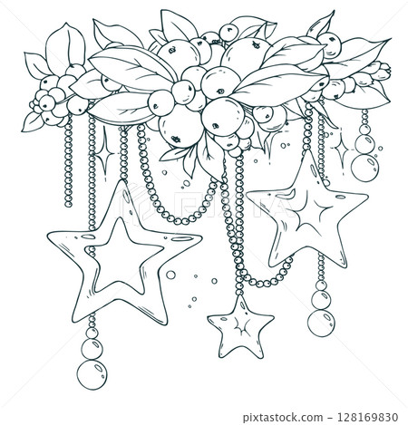 Stylized holiday garland with stars, beads and snowberries. Hand drawn line art with detailed black ink. Perfect for Christmas banners and decorative projects. 128169830