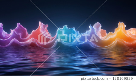 Vibrant waves of color ripple across serene water surface, creating mesmerizing effect Vibrant waves of color ripple across serene water surface, creating mesmerizing effect 128169839