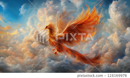 Colorful phoenix soaring through vibrant clouds in sky Colorful phoenix soaring through vibrant clouds in sky 128169976