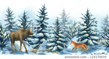 Winter forest border with hand-painted moose and fox among snowy trees. Ideal for children's designs, gift wrap, and winter-themed packaging. Watercolor illustration 128170039