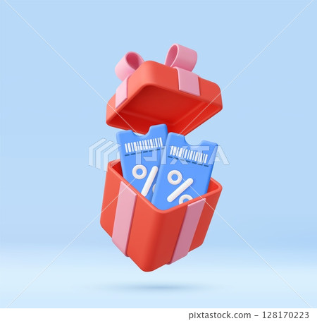 3d Red gift box with blue discount coupons inside 128170223