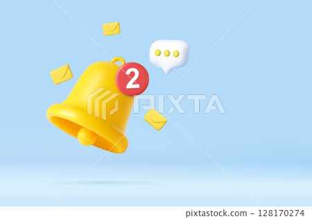 3D notification bell with messages and emails 128170274