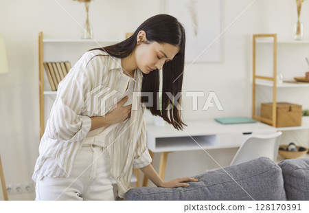 Young Upset Woman With Heart Attack At Home 128170391