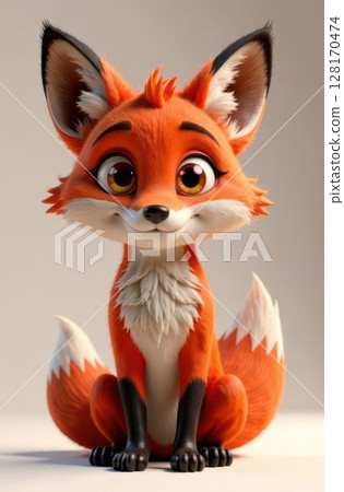 Adorable cartoon fox sitting and smiling, 3d render 128170474