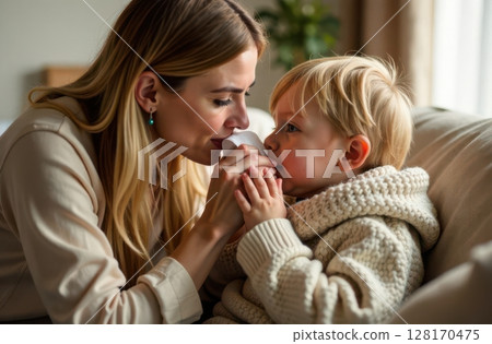 Mother wiping her son's nose with a tissue while sitting on the sofa 128170475