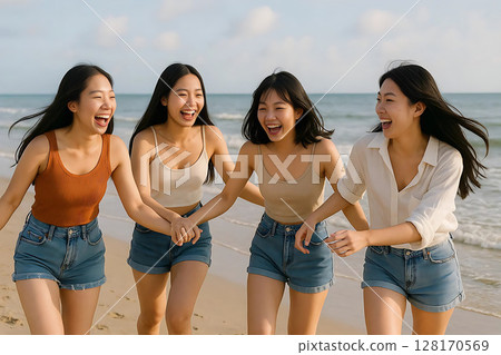 Four young women laughing and running on a beach 128170569