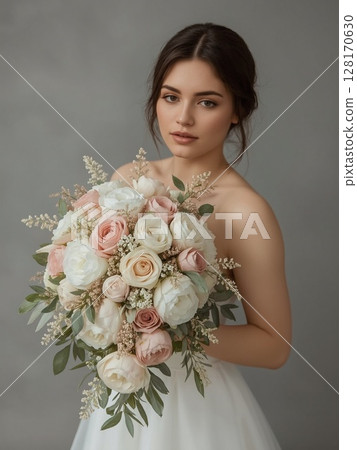 Elegant Bride Portrait Holding a Beautiful Floral Bouquet Elegant Bride Portrait Holding a Beautiful Floral Bouquet 128170630
