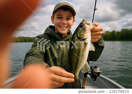 Young Boy Proudly Displays His Catch of a Large Mouth Bass on a Fishing Trip 128170633