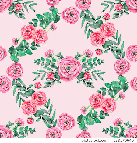 Seamless floral pattern. Background with ranunculus flowers and leaves. Pink pastel colors. 128170649