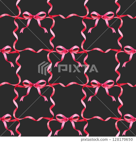 Pink bow ribbon seamless pattern repeating hand drawn seamless inspirational cute quote slogan typography. Illustration design for fashion, tee, t shirt, print, poster, graphic, background. Coquette 128170650