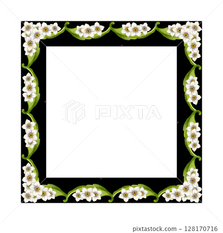 Elegant floral frame with green vine, leaves, white flowers on black background. Watercolor square frame template in Art Nouveau style is perfect for wedding invitations, birthday, greeting cards Elegant floral frame with green vine, leaves, white flowers on black background. Watercolor square frame template in Art Nouveau style is perfect for wedding invitations, birthday, greeting cards 128170716