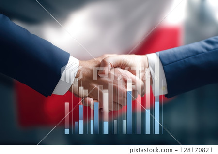 Business Partnership and Growth is symbolized by a handshake and financial graphics 128170821