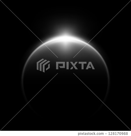 Sunrise horizon, solar or moon eclipse with blur spark effect, vector white glowing round aura and globe dark silhouette Sunrise horizon, solar or moon eclipse with blur spark effect, vector white glowing round aura and globe dark silhouette 128170988