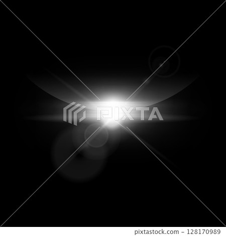 Sunrise or sunset horizon, moon eclipse white spark realistic vector effect, glowing space planet shiny rays 128170989