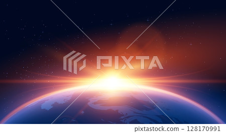 Sunrise horizon on planet Earth, solar or moon blur spark effect, glowing round beams realistic vector illustration Sunrise horizon on planet Earth, solar or moon blur spark effect, glowing round beams realistic vector illustration 128170991
