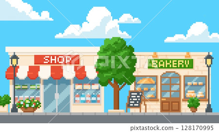 Bakery and shop building on the street vector pixel art, cartoon 8 bit showcase with products assortment on shelves 128170995