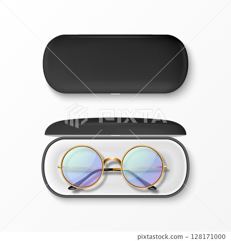 Vector 3d Realistic Round Sunglasses with Gold Metal Frame, Hard Black Case, Isolated. Vintage Eyeglasses in Open and Closed Protective Case. Design Template for Optics, Fashion, Eyewear Branding Vector 3d Realistic Round Sunglasses with Gold Metal Frame, Hard Black Case, Isolated. Vintage Eyeglasses in Open and Closed Protective Case. Design Template for Optics, Fashion, Eyewear Branding 128171000