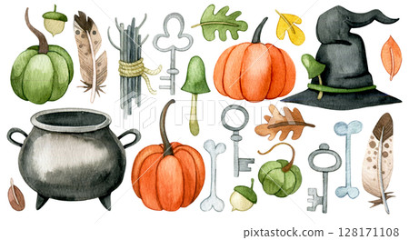 cute watercolor magic supplies set. halloween clip art cute watercolor magic supplies set. halloween clip art 128171108