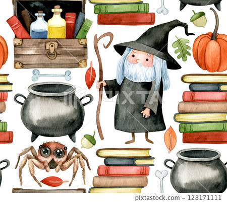 seamless pattern of the theme of wizard school, halloween, magic. cute watercolor print for children seamless pattern of the theme of wizard school, halloween, magic. cute watercolor print for children 128171111