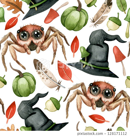 seamless pattern of the theme of halloween, witchcraft, magic. cute watercolor print for kids seamless pattern of the theme of halloween, witchcraft, magic. cute watercolor print for kids 128171112