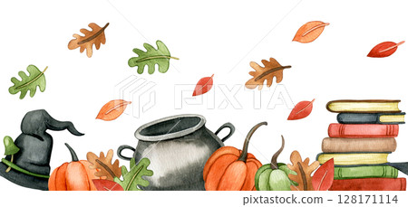 seamless border of the theme of wizard school, halloween, magic. cute watercolor frame for children seamless border of the theme of wizard school, halloween, magic. cute watercolor frame for children 128171114