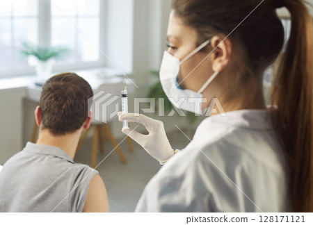 Nurse preparing syringe for vaccination, adult immunization shot according to vaccine schedule  128171121