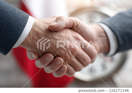 A business partnership handshake representing unity and commitment in a professional setting 128171146