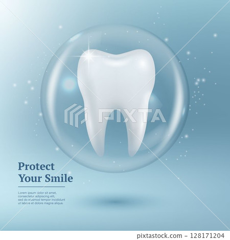 Protect Your Smile. Vector 3d Realistic Tooth in a Protective Bubble Isolated on a Blue Background. Design Template, Clipart, Mockup. Dentistry, Healthcare, Medical, Hygiene, Protection Concept Protect Your Smile. Vector 3d Realistic Tooth in a Protective Bubble Isolated on a Blue Background. Design Template, Clipart, Mockup. Dentistry, Healthcare, Medical, Hygiene, Protection Concept 128171204