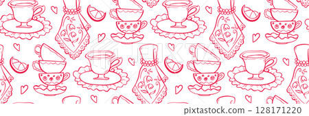 Vintage English tea party seamless Pattern. Porcelain cups set, lace napkins with embroidery and lemon. For packaging, fabric, stationery and branding. Hand drawn vector illustration in doodle style. 128171220